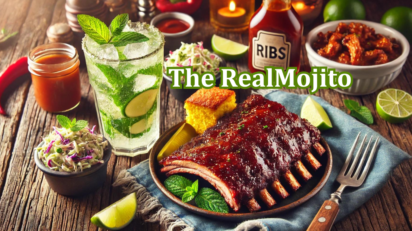 Barbecue Pork Ribs Plated with a Mojito Cocktail to its side