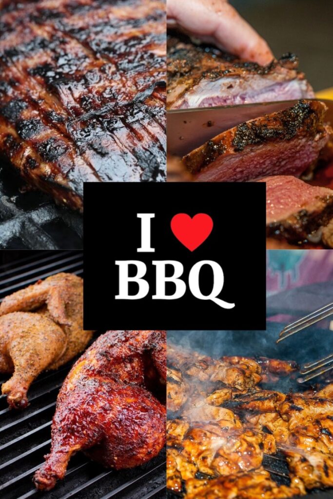 A collage of BBQ Bark/Meat on a grill/Slicing BBQ/and BBQ’d Chicken/I Love BBQ