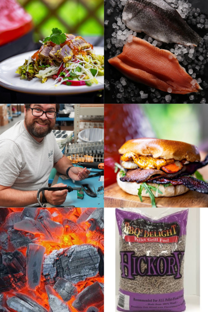 Ben, BBQ Foods and Charcoal, Hickory Pellets Collage