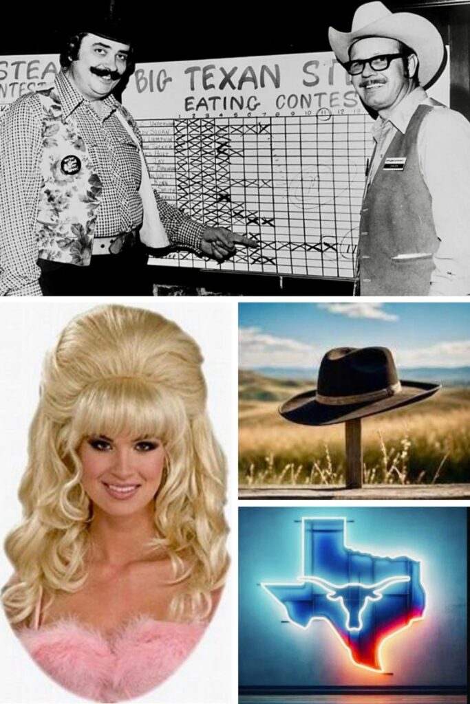image003 Bigger in Texas 10 gallon hat, BIG TEXAS HAIR, 72 ounce Cowboy steak B/W Challenge Board, Neon TX-- Collage