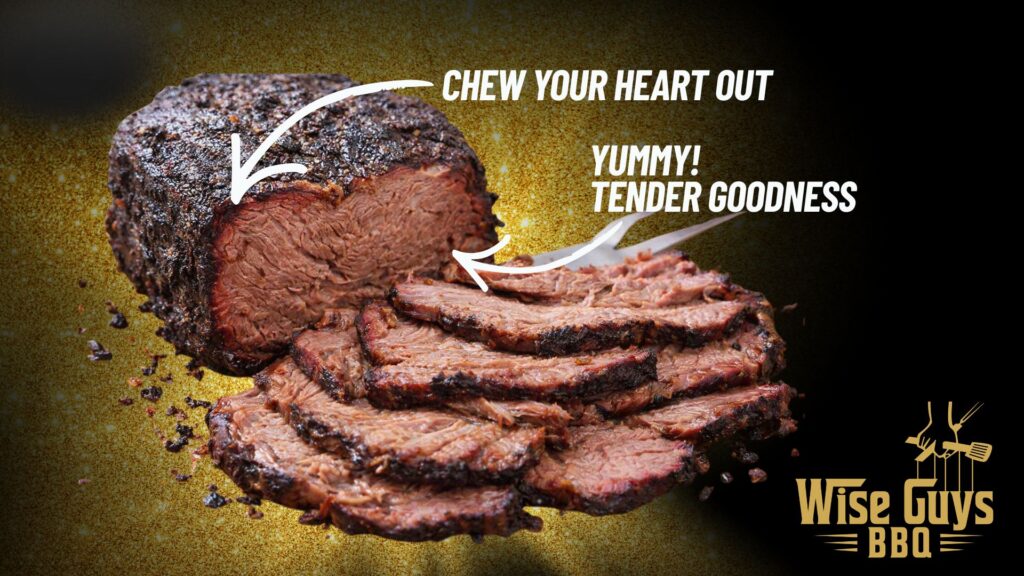 Sliced smoked beef brisket on a gold-speckled background with promotional text and the Wise Guys BBQ logo bottom right.