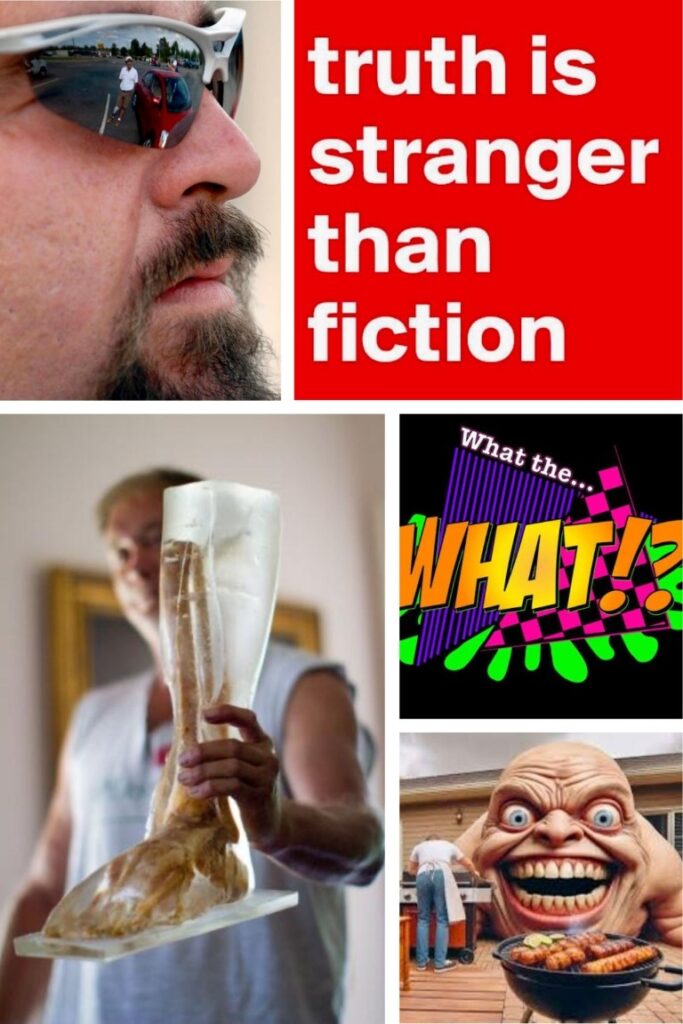 Close-up of a man wearing sunglasses, reflecting a person and a car in the lenses.