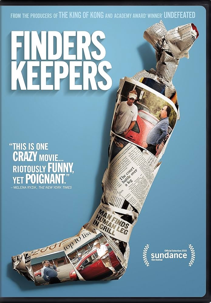 Poster for Finders Keepers: a leg wrapped in torn newspaper strips against a blue background with the large white title and Sundance laurels in the corner