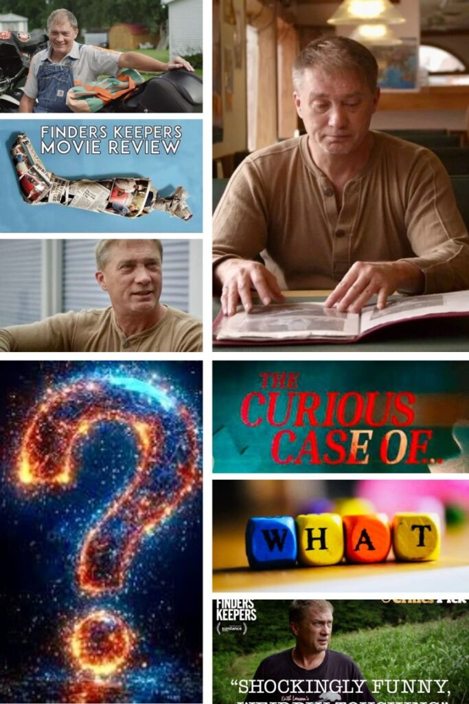 Collage with a man by a motorcycle, a 'Finders Keepers Movie Review' poster, and a man reading a book indoors.