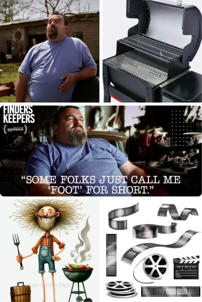Collage of five images: a large man outdoors, a barbecue grill, a Finders Keepers still image with a man in blue, a cartoon bearded griller, and film-strip icons with a clapperboard.