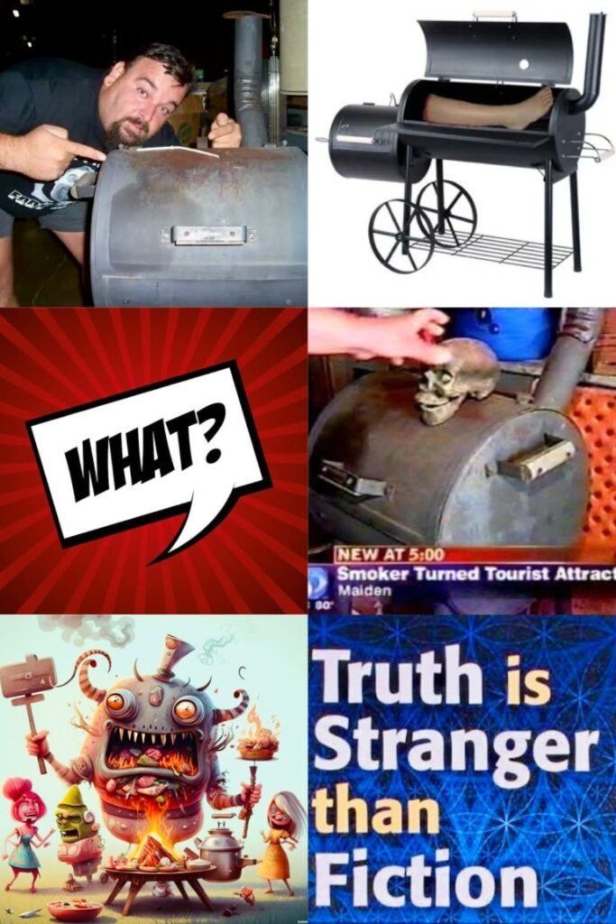 Man leaning over a rusty barrel-style barbecue smoker, peering inside.