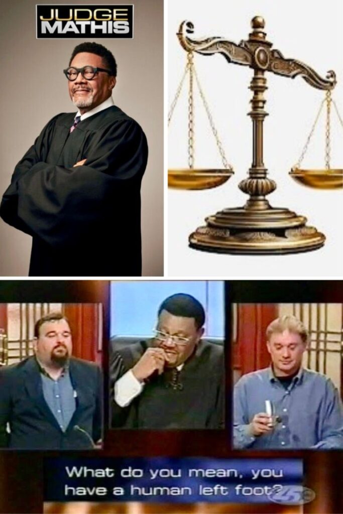 Collage: a judge in robes and glasses, scales of justice, and a three-panel courtroom meme captioned 'What do you mean, you have a human left foot?'