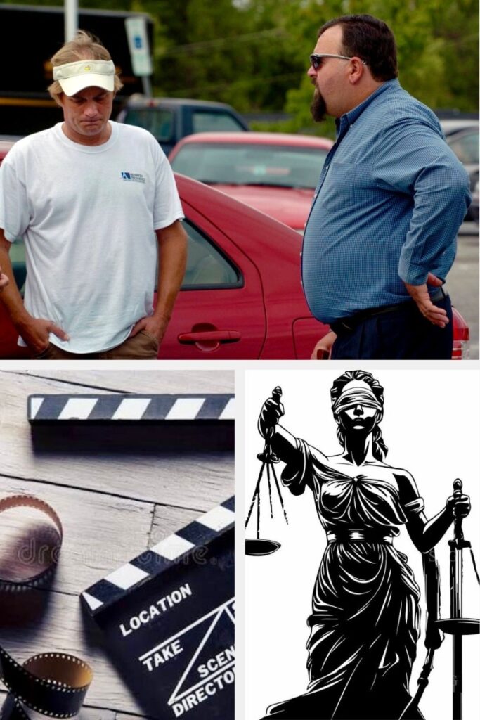 Two men stand near a red car as they converse; lower left shows a film clapperboard with 'LOCATION' text; lower right features a black‑and‑white Lady Justice illustration with scales.