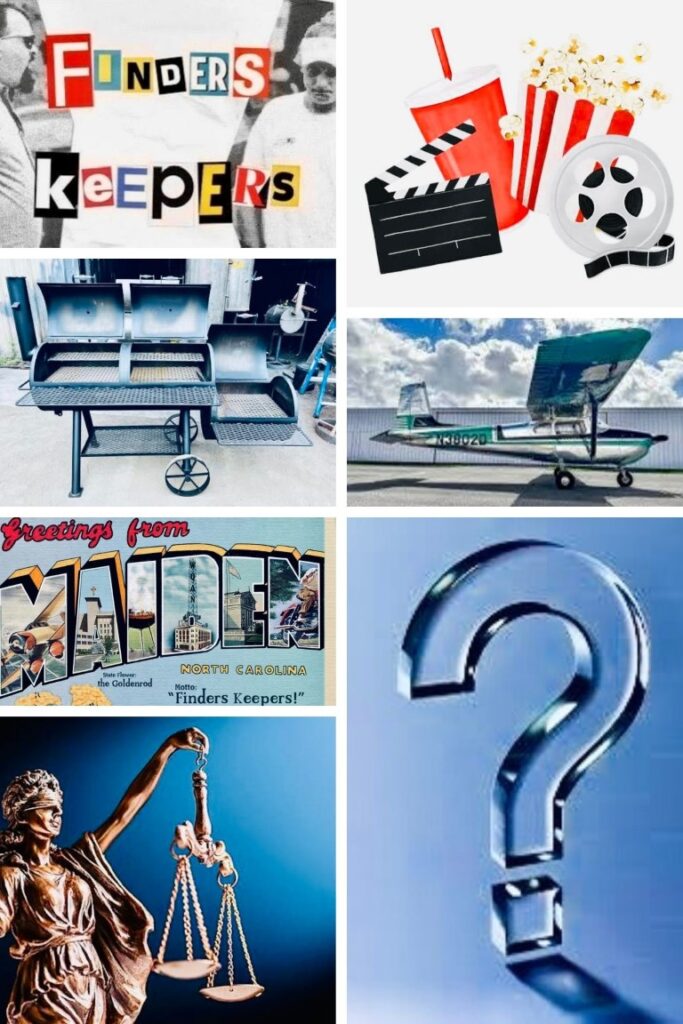 Collage showing various 'Finders Keepers' themed images: cut‑out letters forming 'Finders Keepers', popcorn and soda, a barbecue grill, a small plane, a vintage 'Greetings from' postcard, a scales of justice statue, and a large question mark.