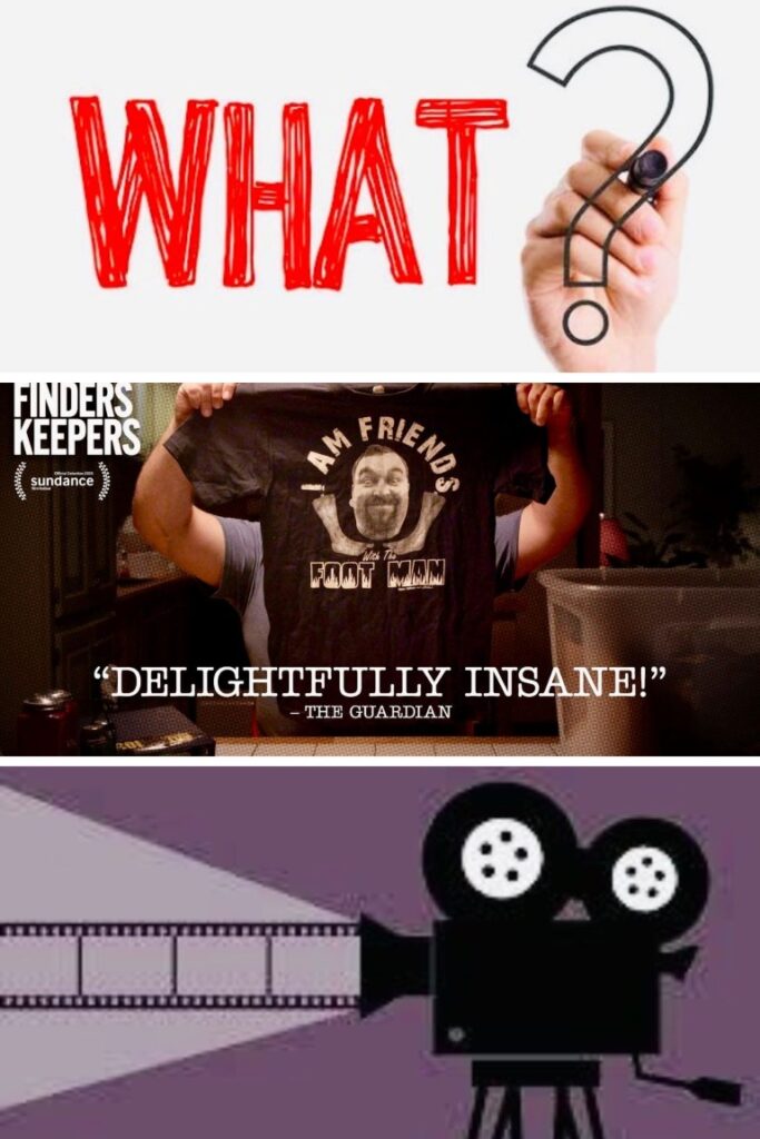 Collage of three images: a bold red 'WHAT?' with a hand drawing a question mark, a person holding a shirt with a quote, and a vintage film projector.