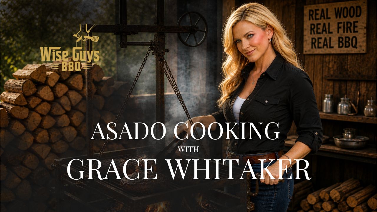 Grace Whitaker stands beside a wood-fired grill with stacked firewood, promotional text reads 'ASADO COOKING with GRACE WHITAKER' and a Wise Guys BBQ logo.