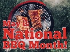Grill with a steak cooking on the grate and bold red text: 'May is National BBQ Month!'