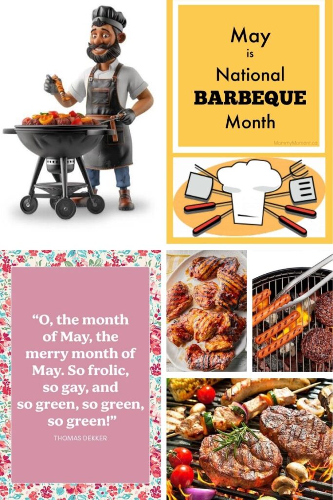 image002 Collage promoting May as National Barbecue Month with a chef grilling, utensils, and grilled meats.