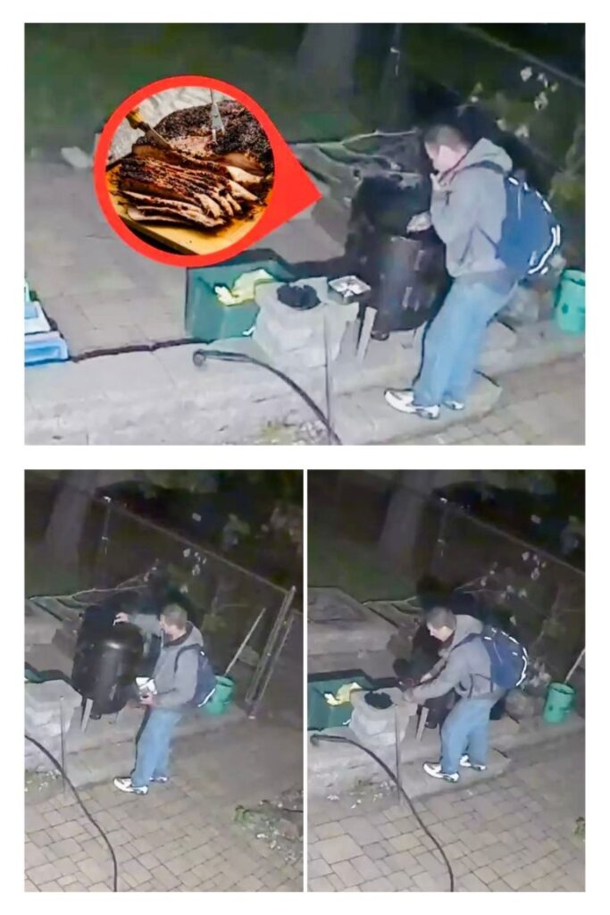 image004 Nighttime surveillance image of a person with a backpack near a grill; inset shows cooked meat on a plate circled in red, implying meat being taken or examined.