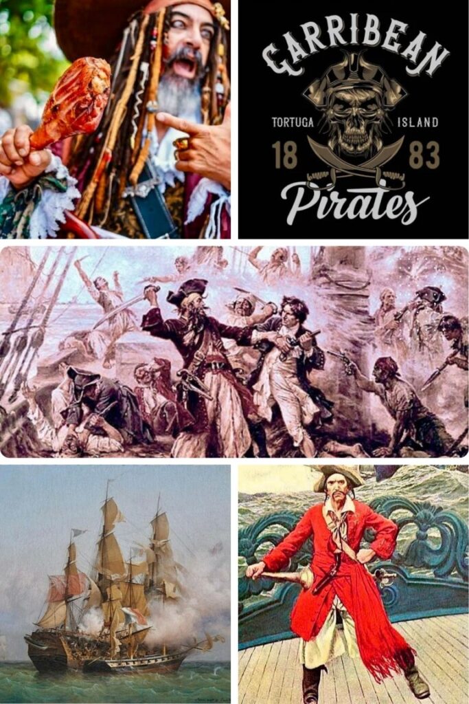 image004 Collage of pirate-themed images: a man with meat, a Caribbean Pirates logo, a 18th‑century battle scene, a sailing ship, and a red‑coated pirate.
