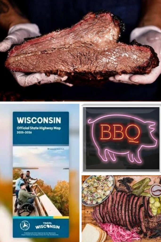 image005 Collage of barbecue and travel items: smoked beef roast held by gloved hands, a Wisconsin highway map brochure, a neon pig-shaped BBQ sign, and a platter of sliced barbecue with sides.