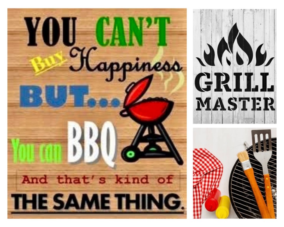 image006 Collage: a BBQ-themed quote about happiness, a 'Grill Master' panel, and grilling tools.