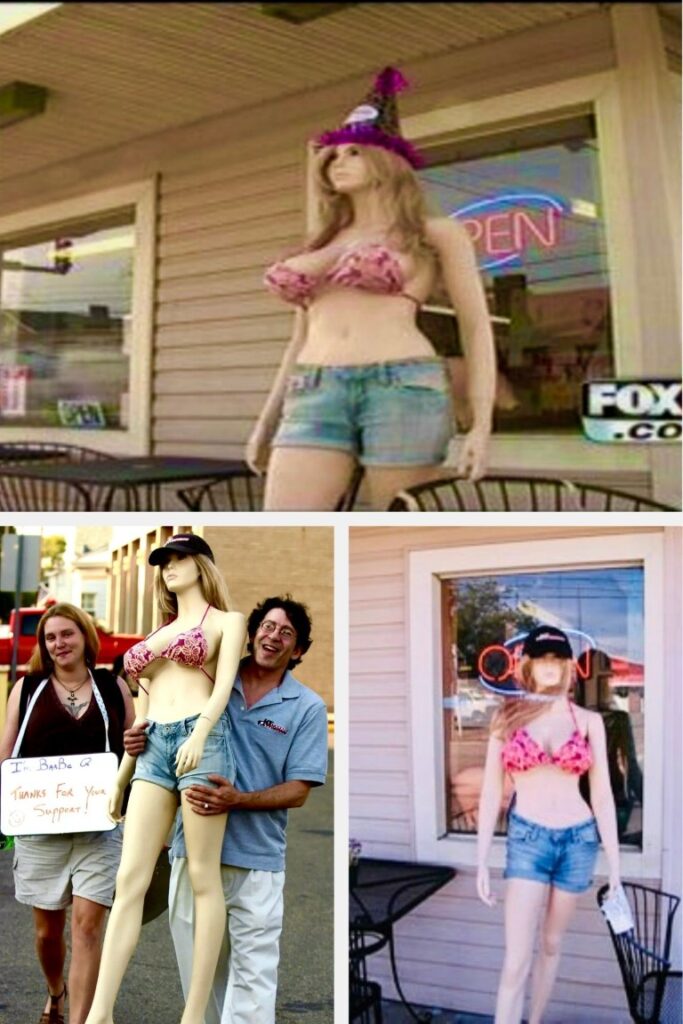 image007 Three life-size mannequins in pink bikinis and denim shorts displayed outside storefronts, with people posing nearby.