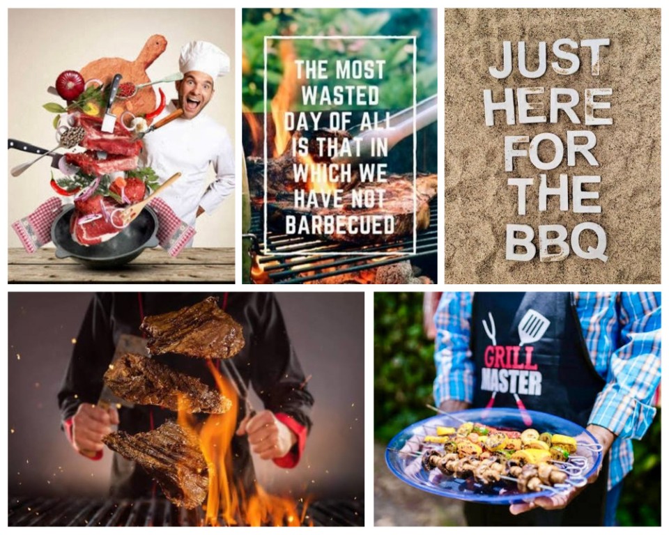 image007 Collage of barbecue scenes: chef tossing meat, a BBQ quote, 'Just here for the BBQ' sign, sizzling steaks, and a grill master with a platter of skewers.