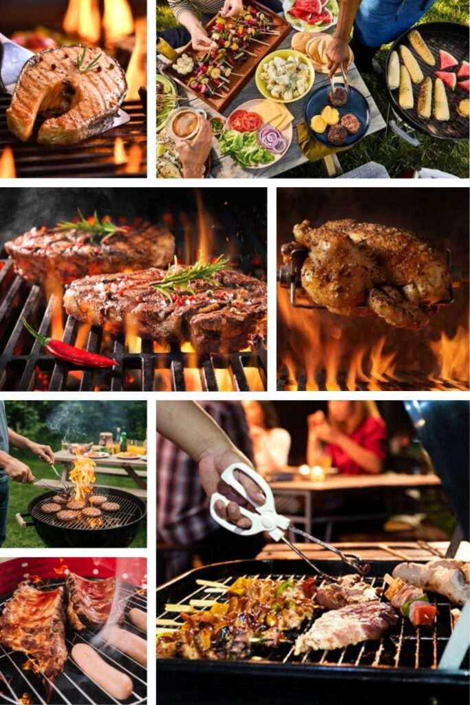 image008 Collage of barbecue foods on grills: steak, skewers, ribs, chicken, and sausages at an outdoor cookout.