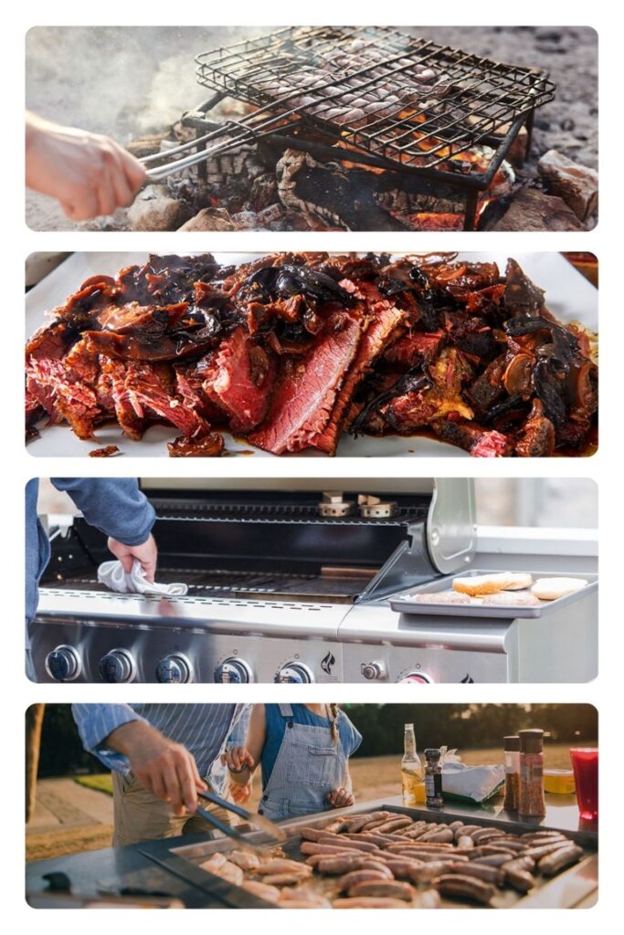 image009 Four-panel barbecue montage: grilling over charcoal, sliced smoked beef ready to serve, a stainless grill with buns, and outdoor sausages cooking on a grill.