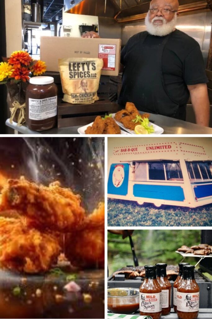 image010 Smiling man in a black shirt behind a counter with a Lefty’s Spices bag, a sauce jar, and fried chicken on plates.