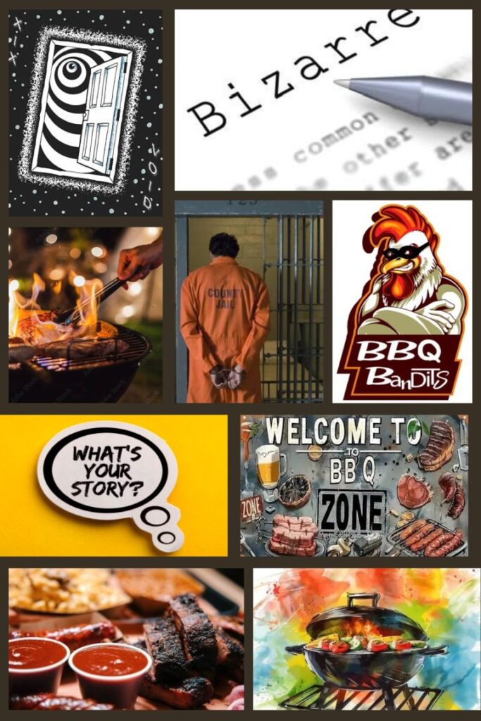 image011 Collage of barbecue-themed images: grill with ribs, BBQ signs, a chicken logo, and festive cooking imagery plus a jail cell scene and a surreal door in the background.
