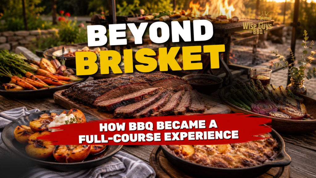 Thumbnail for a BBQ video: backyard feast with sliced brisket, roasted potatoes, and grilled vegetables; bold 'BEYOND BRISKET' title and red banner 'How BBQ Became a Full-Course Experience' with Wise Guys BBQ logo.