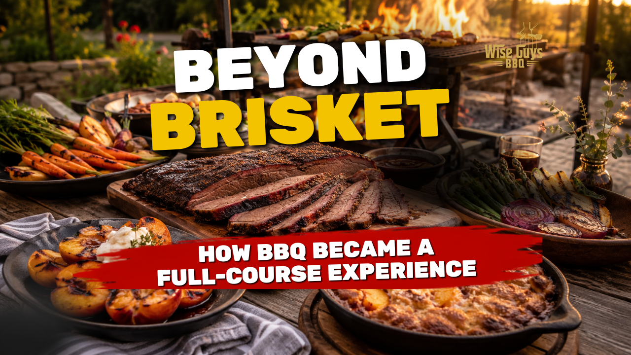 Thumbnail for a BBQ video: backyard feast with sliced brisket, roasted potatoes, and grilled vegetables; bold 'BEYOND BRISKET' title and red banner 'How BBQ Became a Full-Course Experience' with Wise Guys BBQ logo.