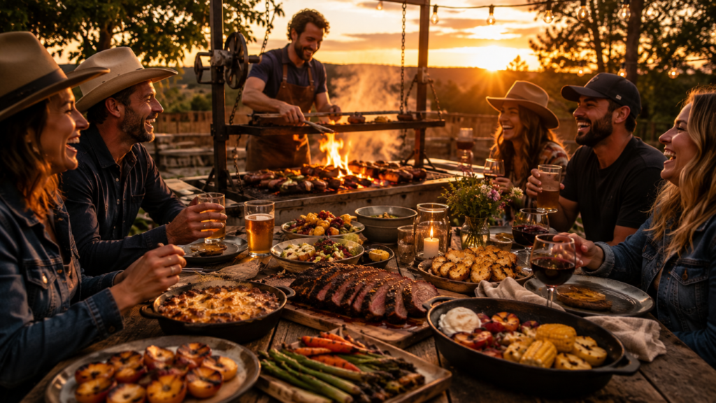 Friends gathered around an outdoor barbecue at sunset, laughing and toasting with drinks as a grill and feast of meats and sides sit on the table.