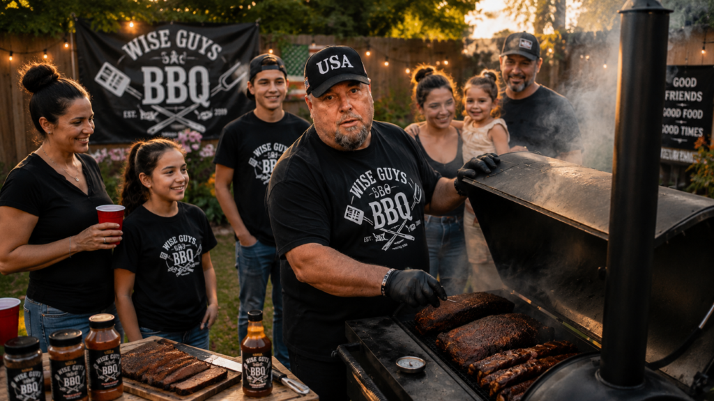 SBBlood Pressure 2 Group gathers around a man grilling ribs on a large smoker at a backyard BBQ, all wearing Wise Guys BBQ shirts.