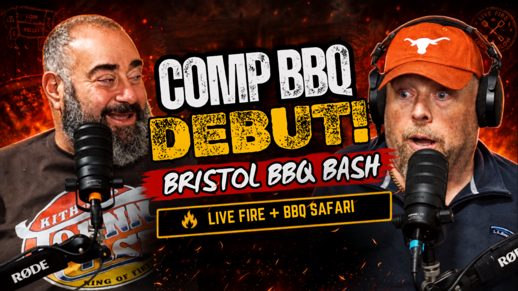 SBBlood Pressure 4 Two men with microphones talk on a fiery, intense background for a Bristol BBQ Bash podcast thumbnail, promoting the debut.