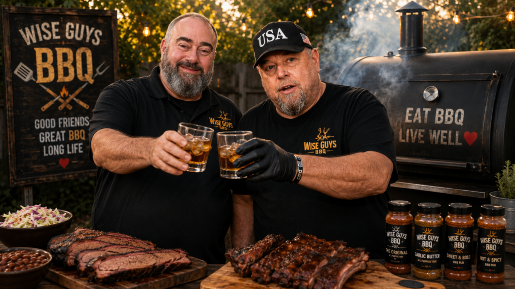 SBBlood Pressure 5 Two men in Wise Guys BBQ shirts toast with drinks beside a smoker, with sliced brisket, ribs, and sauce jars on the table; a Wise Guys BBQ sign is in the background.