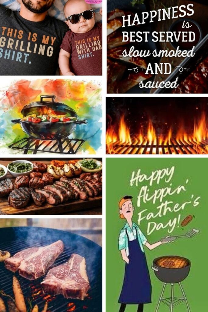 Father and baby wearing matching 'This is my grilling shirt' shirts in a collage