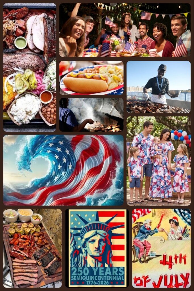 image003 Collage of a July 4th celebration: barbecue grill, hot dogs, plates of food with a patriotic family gathering and flags on display.