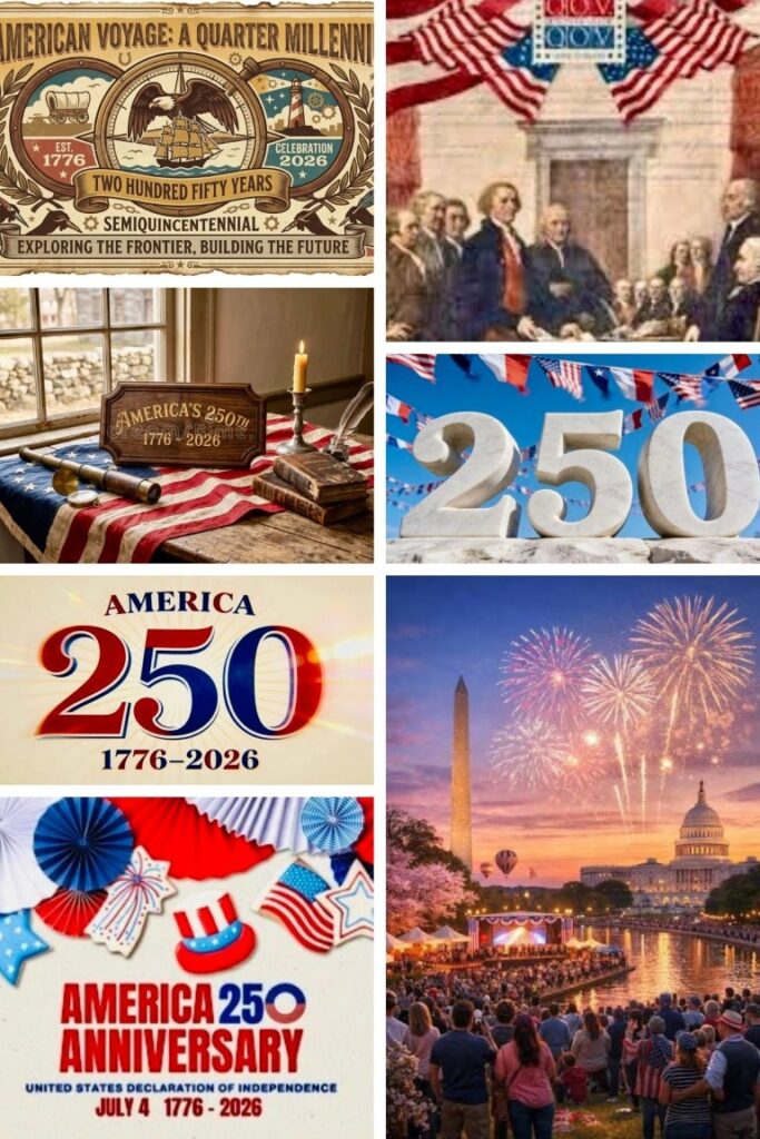 image004 Patriotic collage celebrating America's 250th anniversary (1776–2026) with flags, banners, and fireworks.