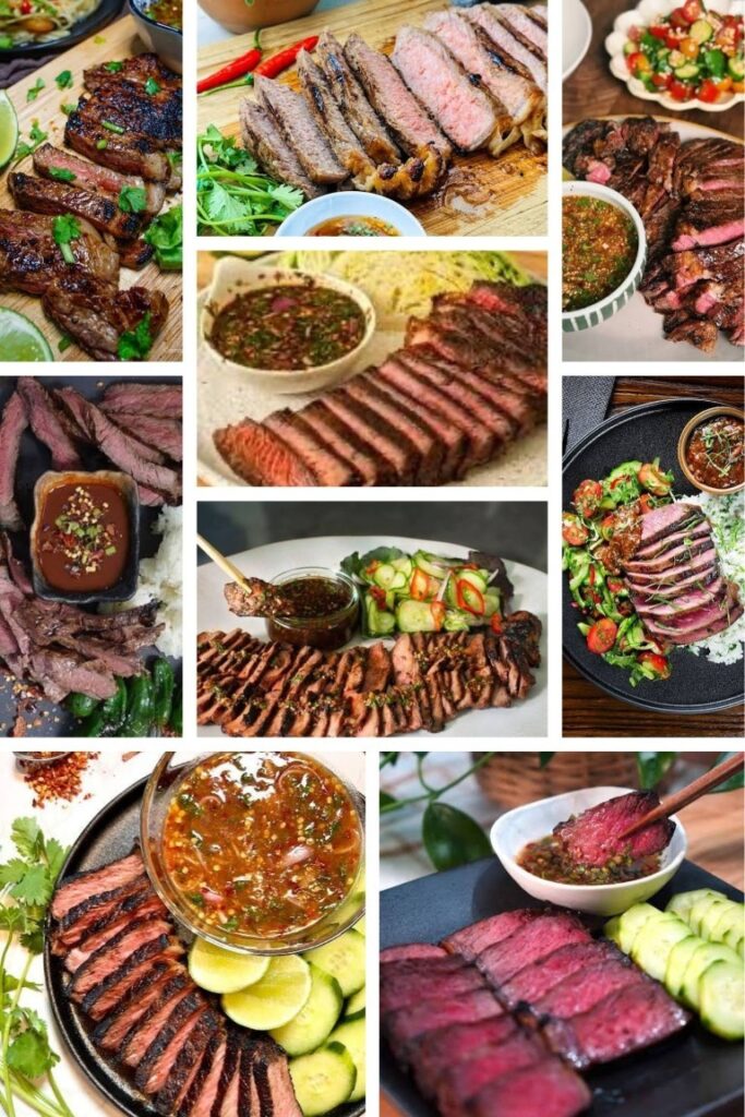 Assorted grilled steaks sliced and plated with herbs on a wooden board.