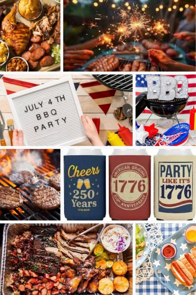 image005 Collage from a Fourth of July BBQ: grilled meats, festive decor, sparklers, and a 'July 4th BBQ Party' sign on a patriotic table.
