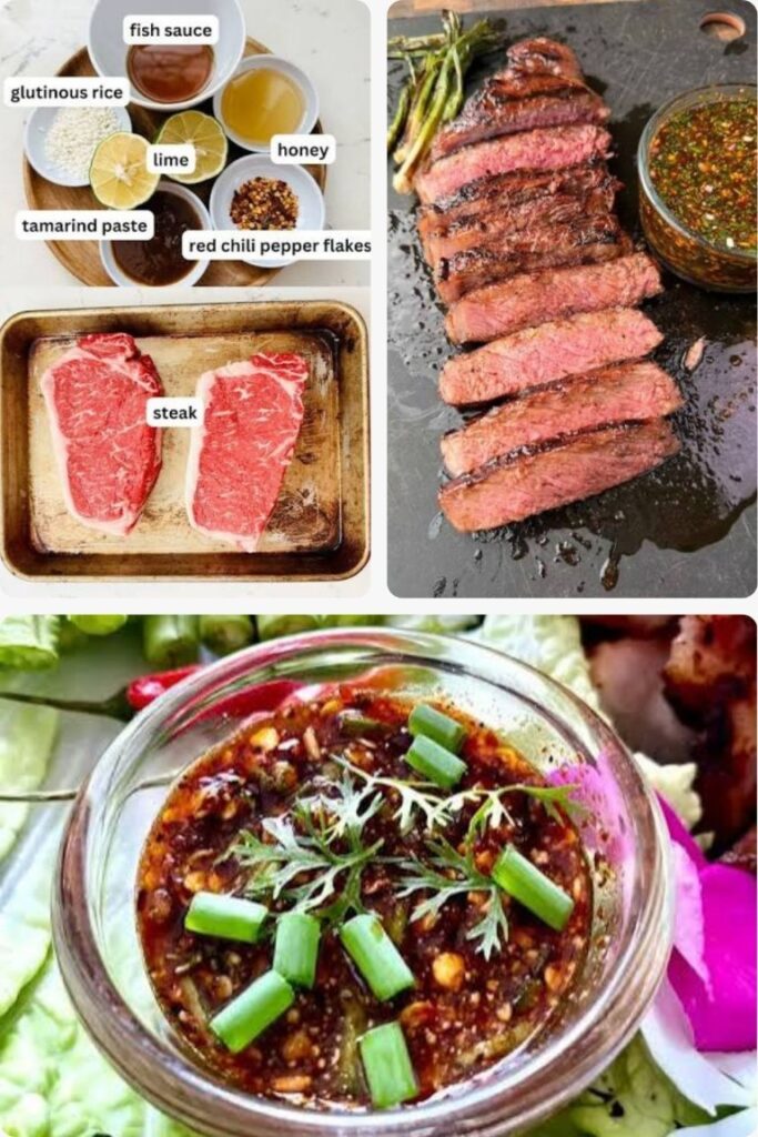 Collage of steak ingredients with labeled sauces (fish sauce, tamarind paste, lime, honey, red pepper flakes, glutinous rice) and two raw steaks in a pan;
