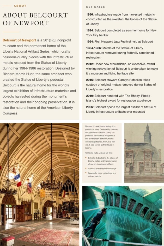 image006 About Belcourt of Newport: an about page with text panels, a key dates timeline, and interior photos of the museum and exhibits.