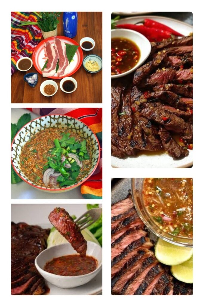 Raw beef chops with dipping sauces and condiments on a wooden table.