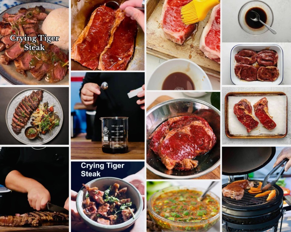 Collage of steak and meat dishes being prepared and cooked, with 'Crying Tiger Steak' text visible on some images.