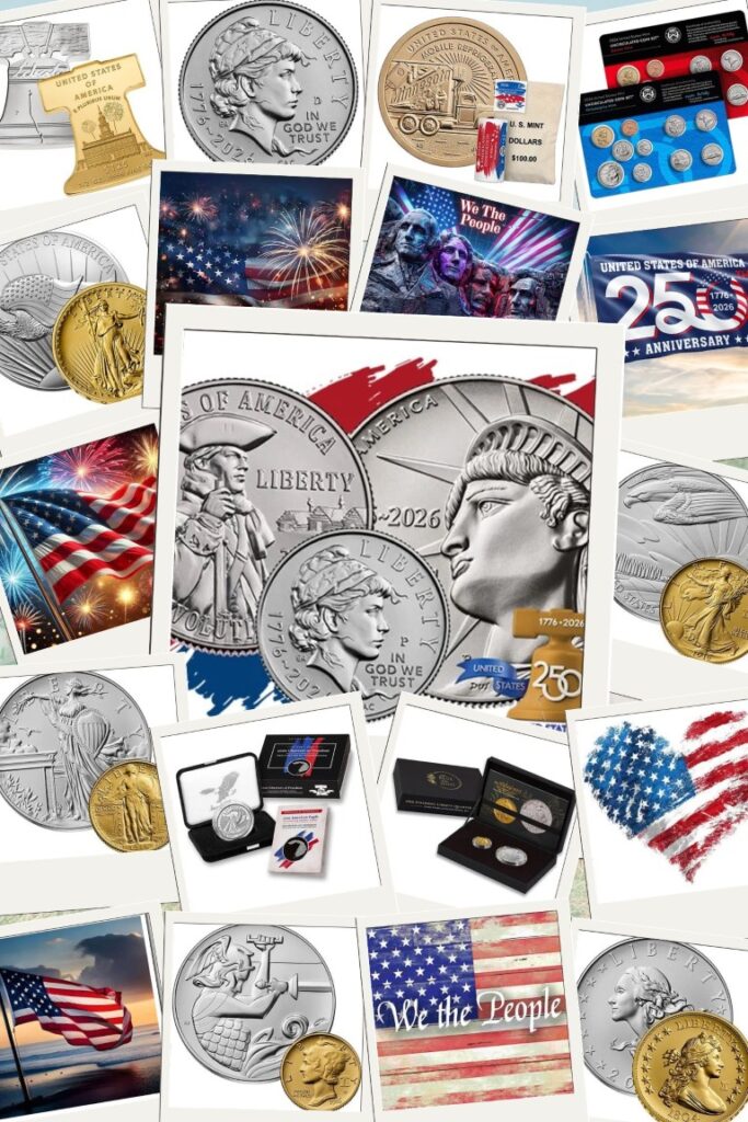 image008 Collage of US coins, medals, and patriotic graphics including flags and fireworks.