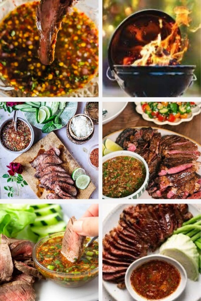 Close-up of a piece of beef being dipped into a chunky, colorful salsa in a white bowl; herbs and corn visible in the background.