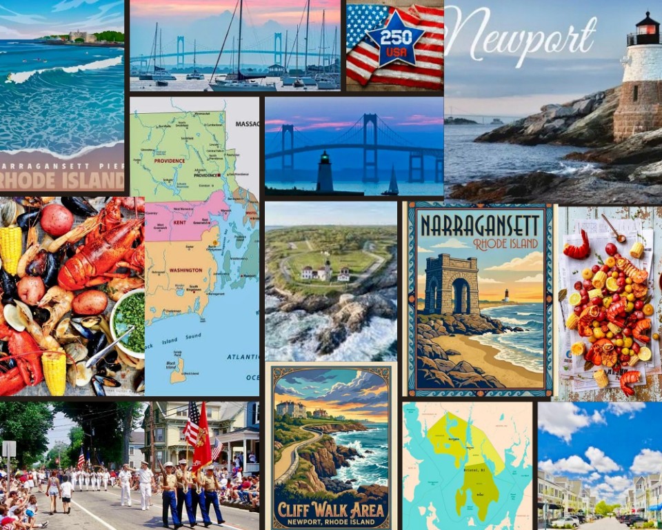 image009 Collage promoting Rhode Island with beaches, lighthouses, maps, and seaside towns like Newport and Narragansett