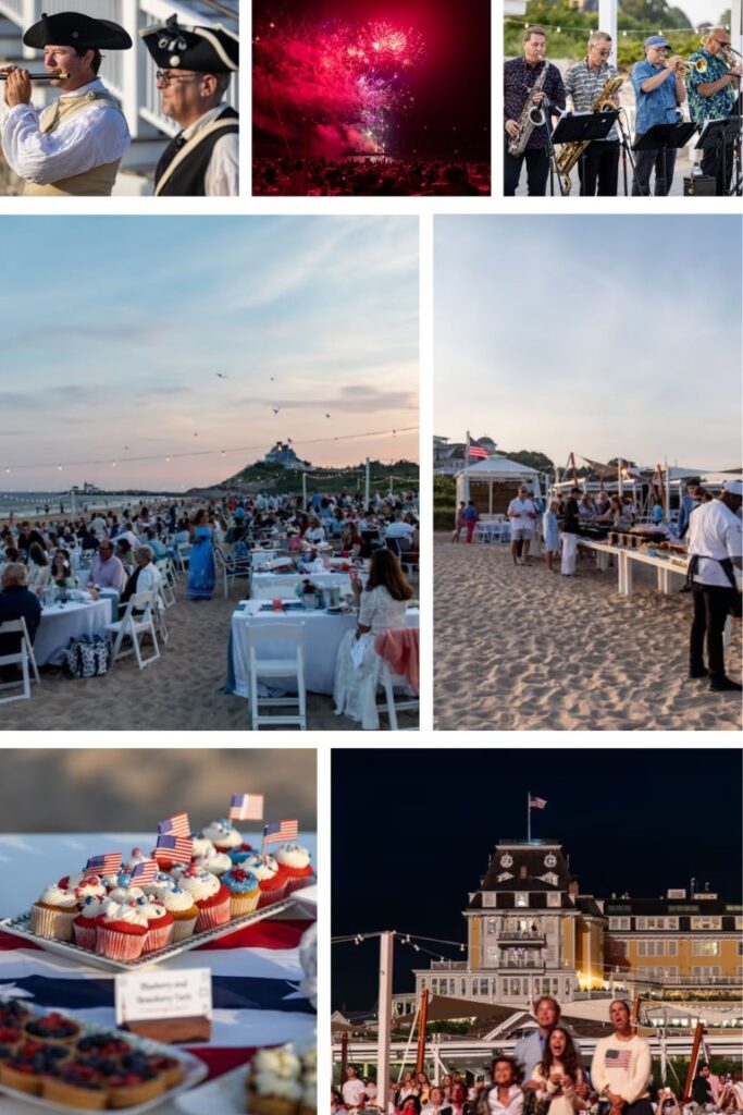 image010 Beachside celebration collage: musicians, fireworks, and a brass band above a seaside banquet with guests; dessert table and evening harbor scene.
