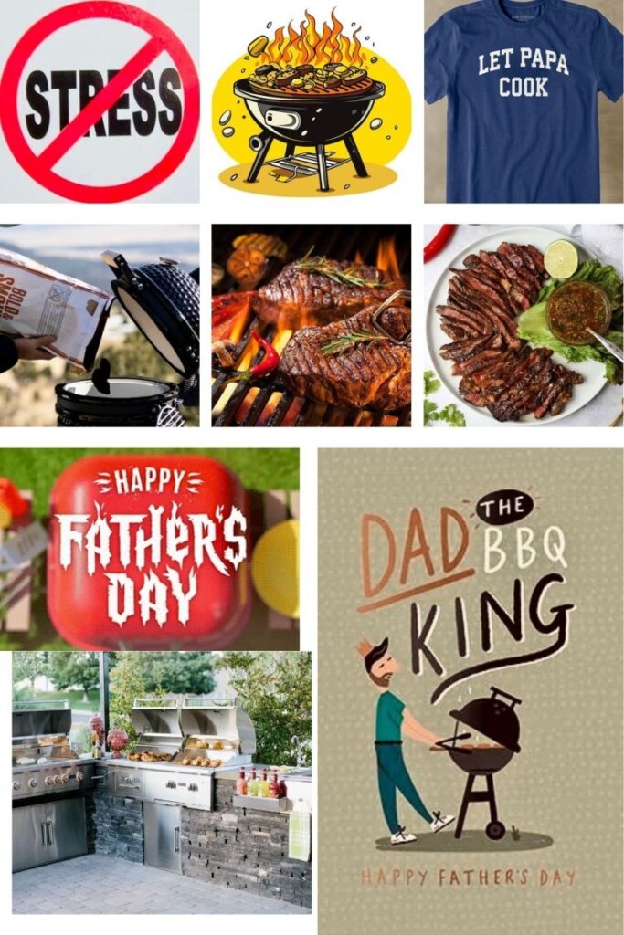 Collage of BBQ and Father’s Day themes: grill, ribs, and a 'Let Papa Cook' shirt with Father’s Day visuals.