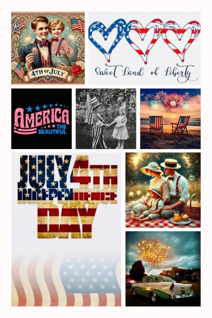 image011 Patriotic collage of July 4th imagery: vintage couple with banners, flag-hearted designs, kids with flags, beach chairs with fireworks, and a classic car with sparks tails.