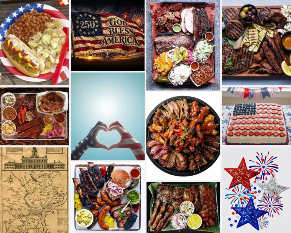 image012 Collage of American foods and patriotic symbols for Independence Day: hot dogs, BBQ platters, ribs, a flag cake, fireworks, and a flag heart gesture.