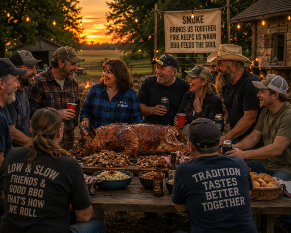 Pig Roast 2 Group of friends gathered around a whole roasted pig on a picnic table outdoors at sunset, sharing a barbecue feast and drinks.